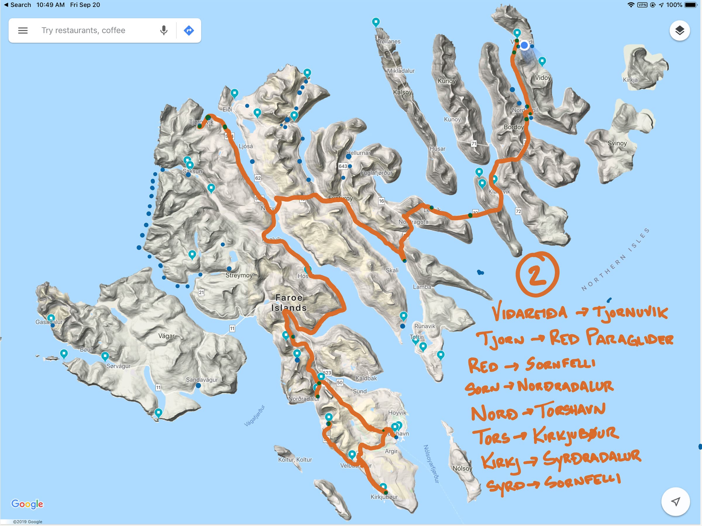 Example day of travel map for chasing light across the Faroe Islands