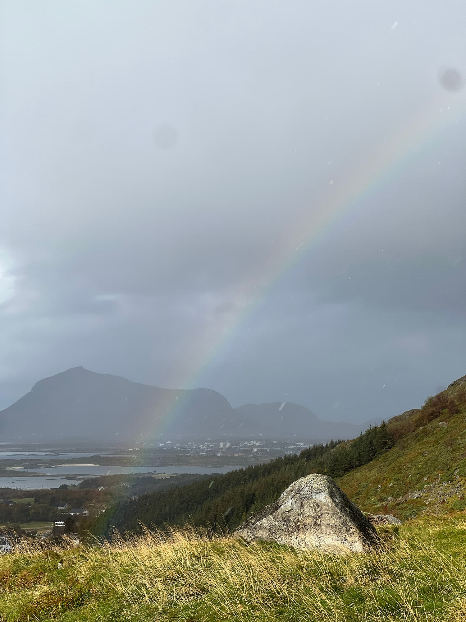 Rainbow during passing rain in Lofoten