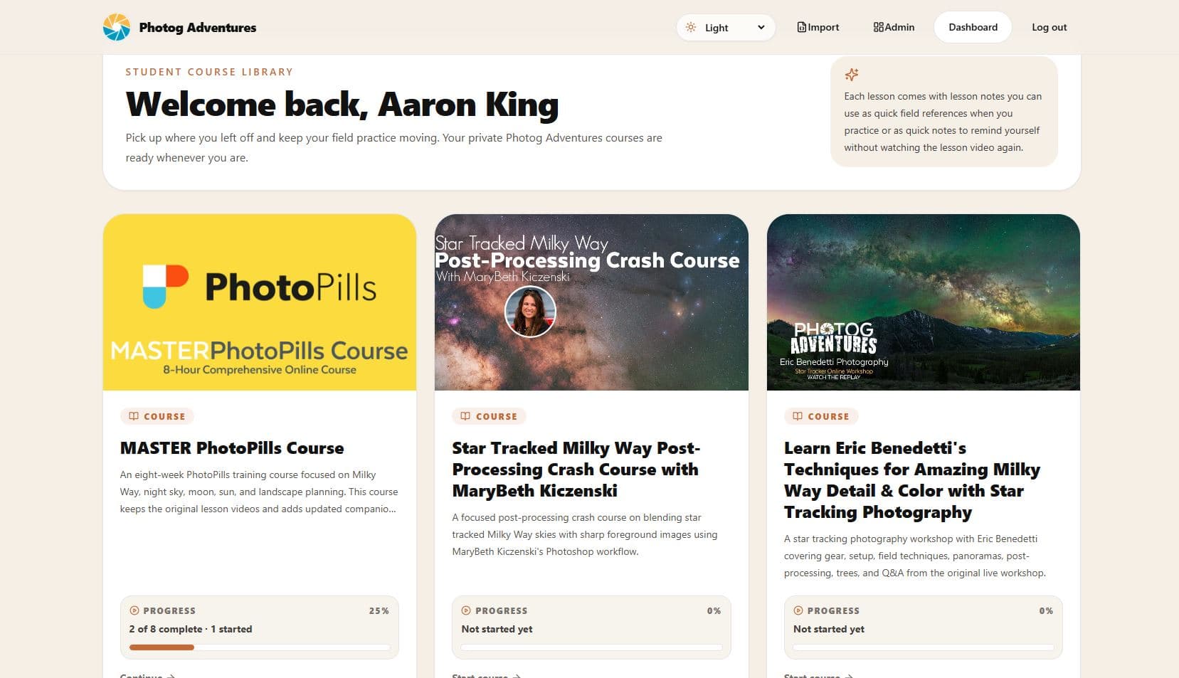 Photog Adventures online courses dashboard preview